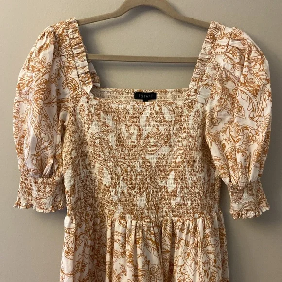 1 State Paisley Square Neckline Smocked Bust Puff-Sleeves  Mini Dress size Large - Picture 3 of 8